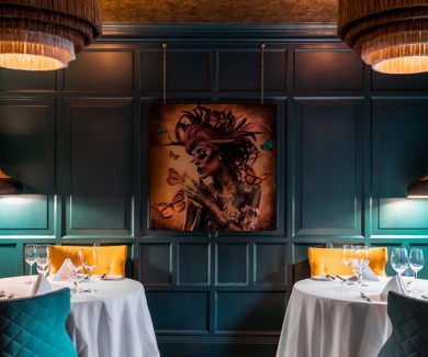 Fonab Castle | Modern Painting of Woman on Wooden Wall Panels at Pitlochry Restaurant Perthshire    ?? Fonab Castle